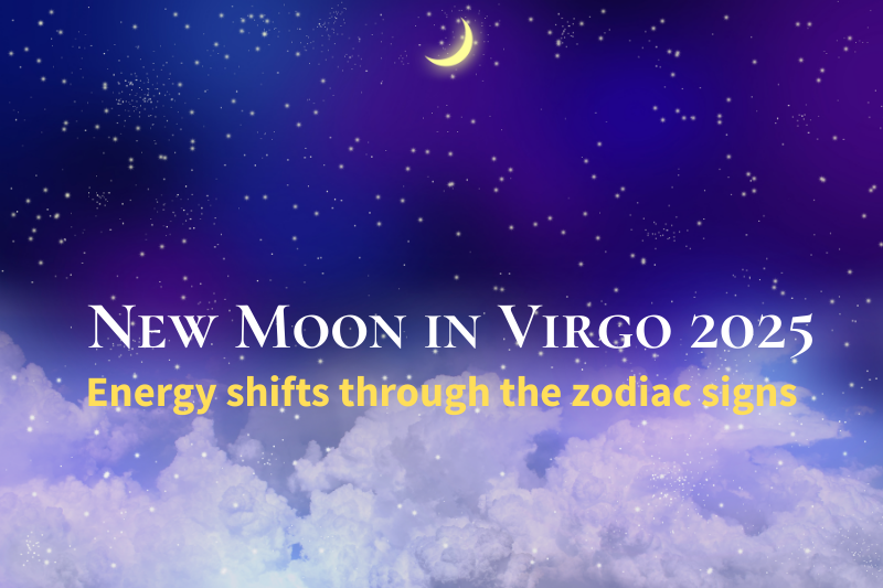 Illustration of a dreamy night sky with a crescent moon above soft clouds. The image includes the text “New Moon in Virgo 2025” and the subtitle “Energy shifts through the zodiac signs” in elegant fonts.