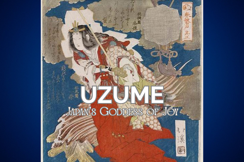 Ukiyo-e artwork of Ame-no-Uzume, the joyful Shinto goddess who lured Amaterasu from the Heavenly Rock Cave, with the title "UZUME – Japan's Goddess of Joy" introducing one of Japan's most beloved divine figures.