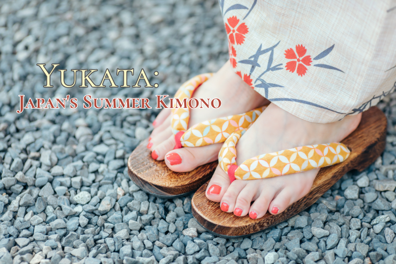 Cover image featuring a traditional Japanese yukata with wooden geta sandals standing on a gravel path. The title introduces yukata, Japan’s lightweight summer kimono, traditionally worn during summer festivals, fireworks displays, and seasonal celebrations.