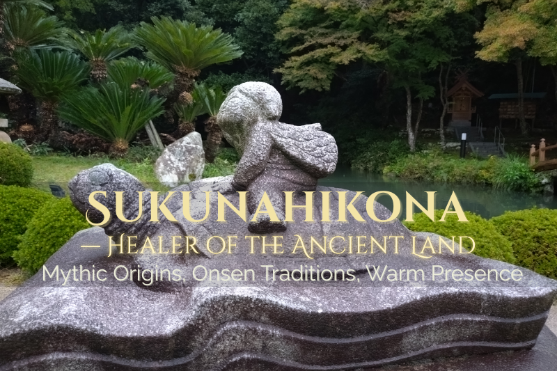 A stone statue of Sukunahikona riding a turtle, set in a peaceful garden near a small pond in Izumo. Lush greenery surrounds the sculpture, creating a serene atmosphere that reflects the deity’s healing and gentle presence.