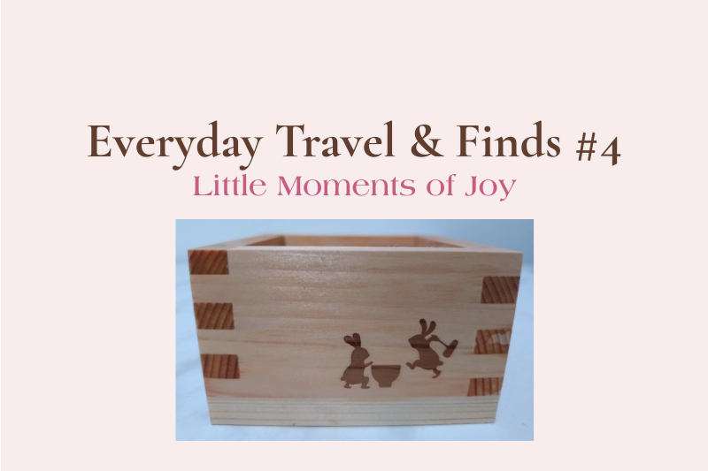 Small wooden masu from Ise featuring rabbit motifs, displayed against a soft pink-beige background. Everyday Travel & Finds #4: Little Moments of Joy.
