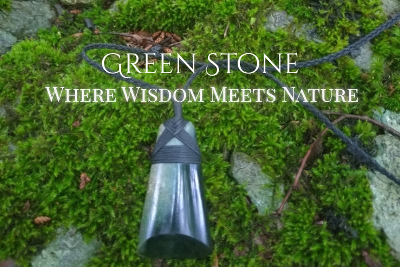 Green Stone (Pounamu) pendant resting on an ancient moss-covered stone in Tenkawa, Nara, Japan, symbolizing wisdom, strength, and connection with nature.