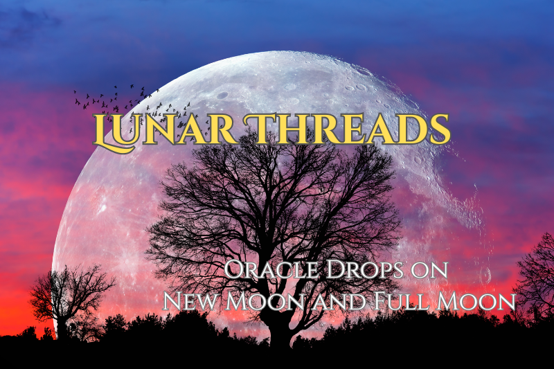 Lunar Threads featured image with a full moon rising behind a silhouetted tree, introducing New Moon and Full Moon oracle readings inspired by nature and Spirit.